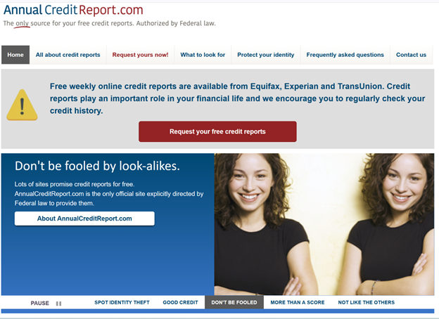 Image of the AnnualCreditReport.com home page.